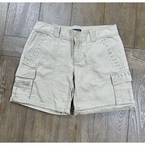 New York & Company Women's Linen Blend Cargo Shorts Studded Khaki Size 0
